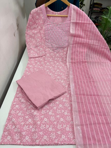 Cotton Kurti With Pant & Dupatta Set