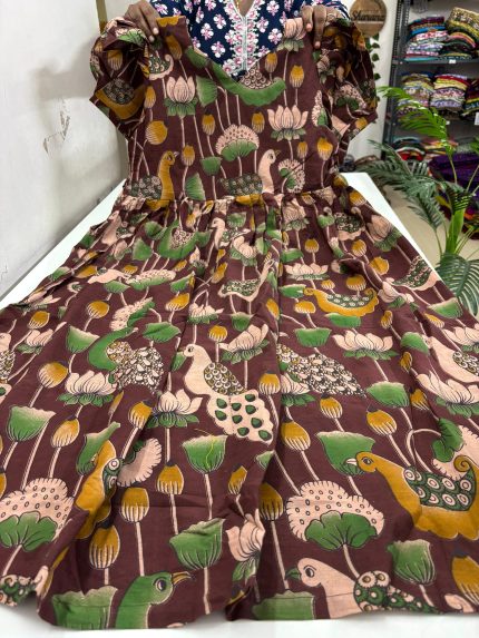 Pure Kalamkari Cotton Frock With Puff Sleeves