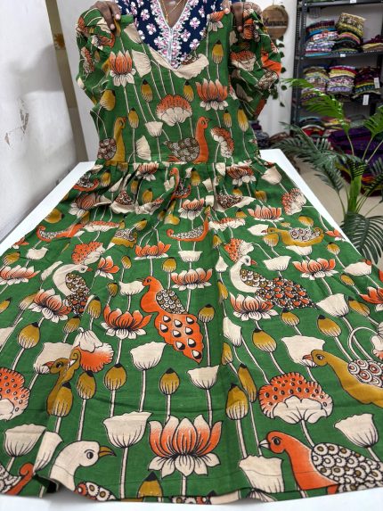 Pure Kalamkari Cotton Frock With Puff Sleeves