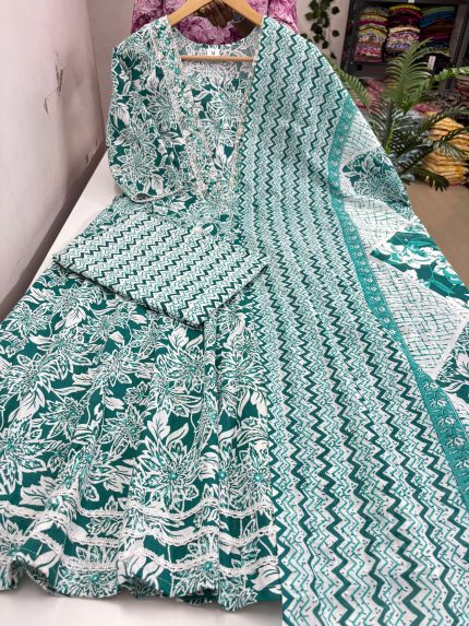 Cotton Anarkali Kurti With Pant & Dupatta Set