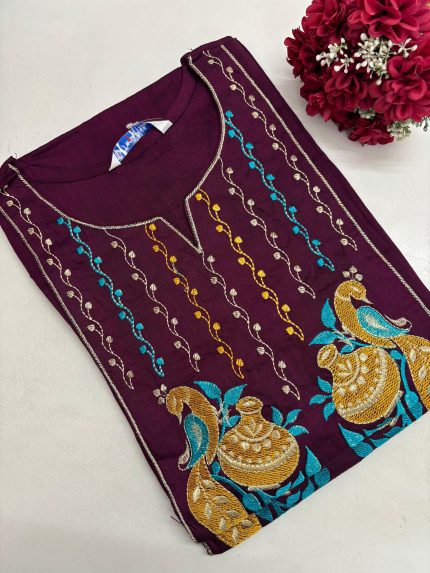Slub Silk Embroidered Kurti