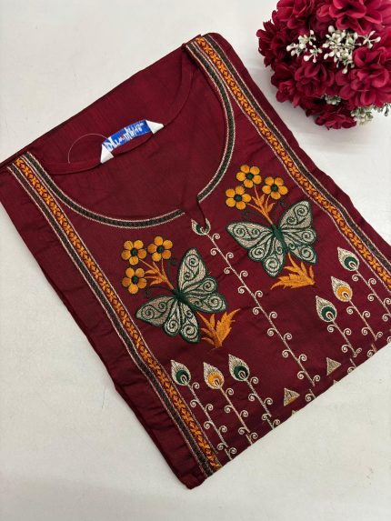 Slub Silk Embroidered  Kurti