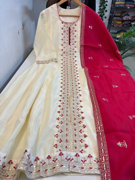 Roman Silk Anarkali Dupatta Set - IVORY COLOUR