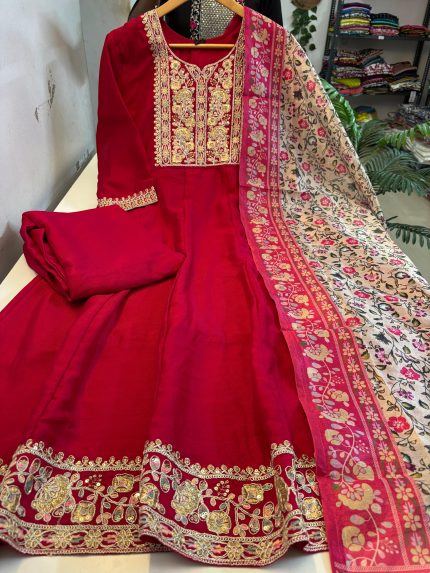 Vichitra Silk Anarkali With Pant & Dupatta Set